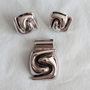 Silvertone Earrings and Pendant Matching Set Art Deco Inspired